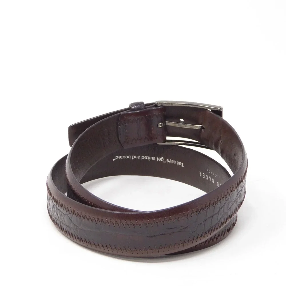 Ted Baker Mens Belt Brown Leather Mock Croc Zig Zag Stitch 34